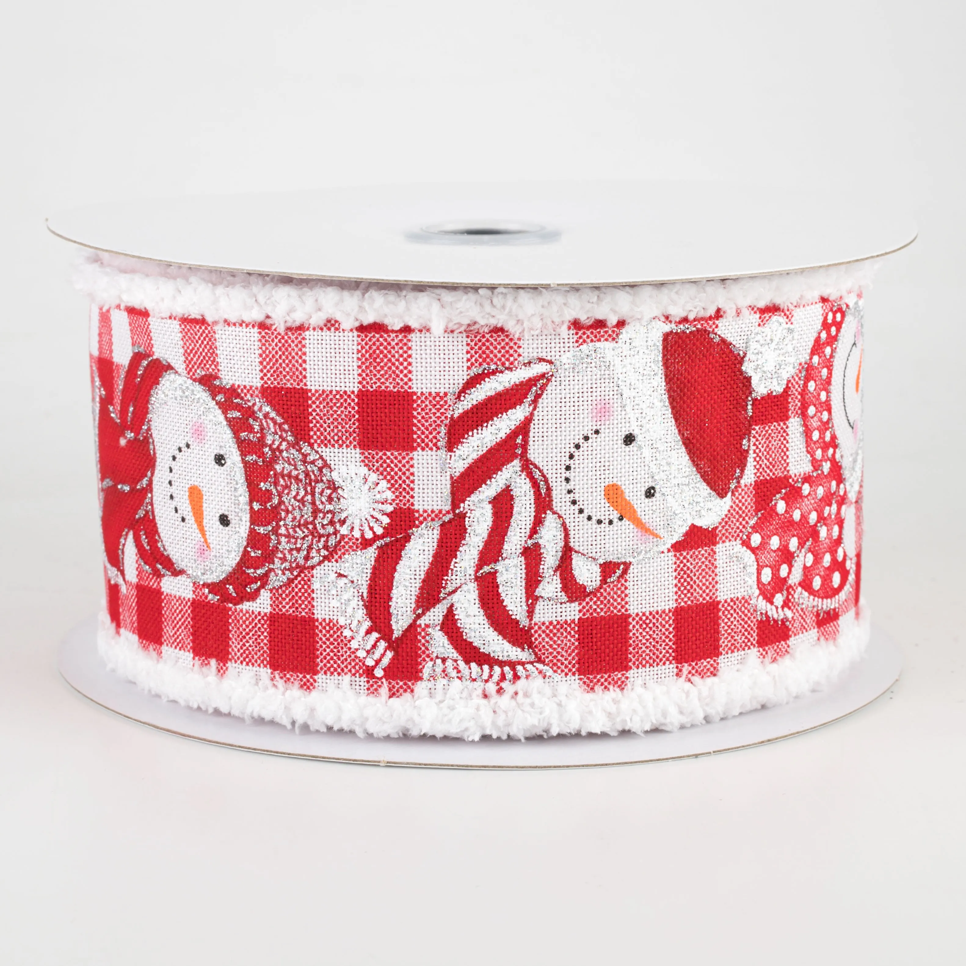 2.5" Snowman On Check Fuzzy Edge Ribbon: Red, White, Silver (10 Yards)