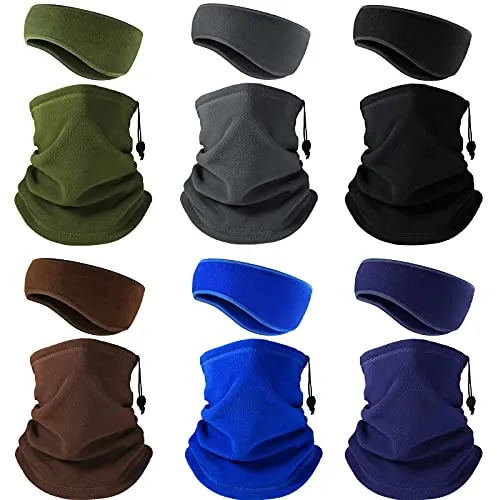 6 Pieces Winter Neck Gaiters Fleece Neck Warmers Thermal Face Scarf Drawstring Neck Scarf and 6 Pieces Ear Warmers Headbands Ear Muffs Head Wrap Fleece Ear Muffs for Men Women Outdoor Activities