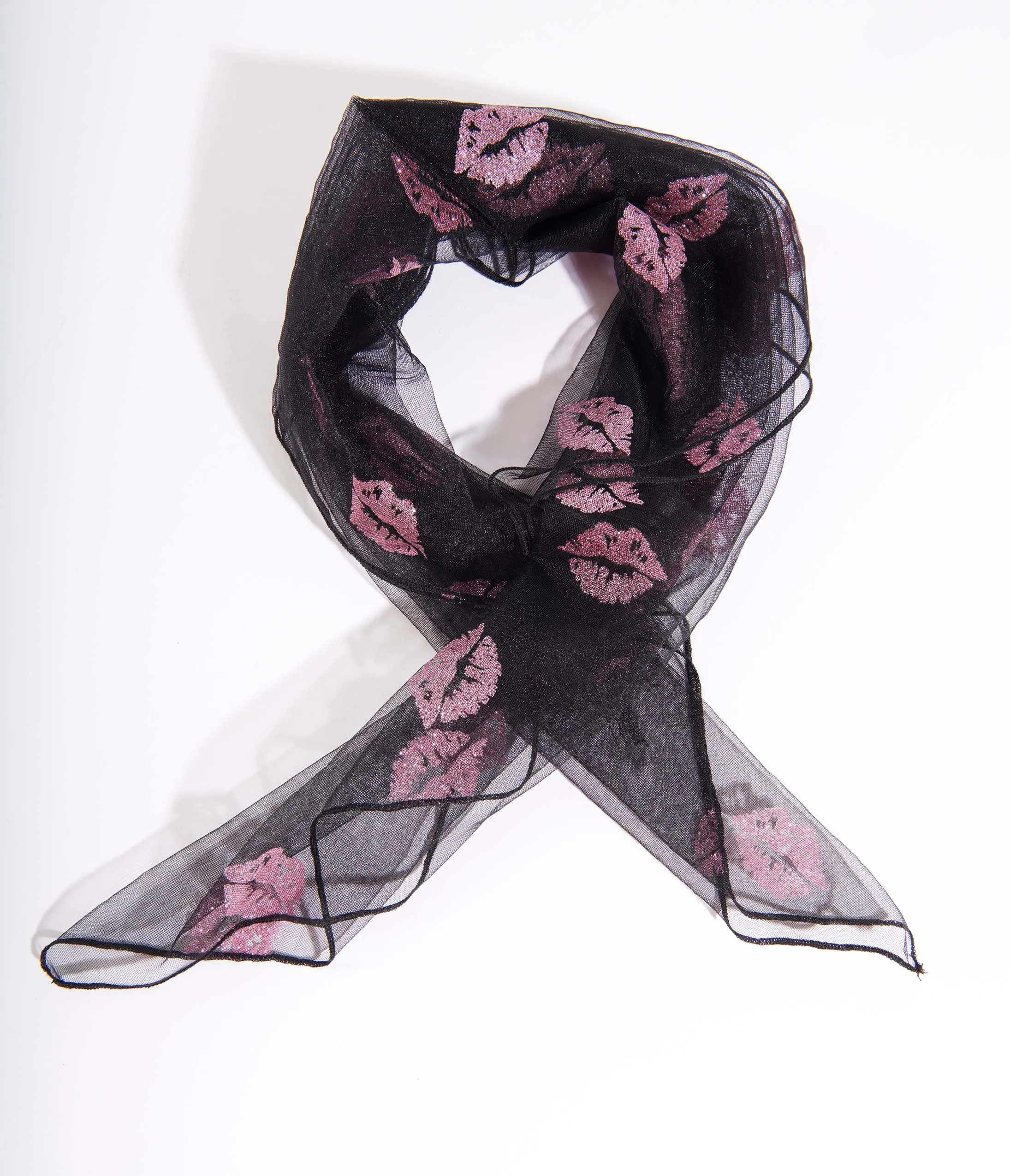 Black Mesh Scarf with Pink Glitter Lips by Unique Vintage