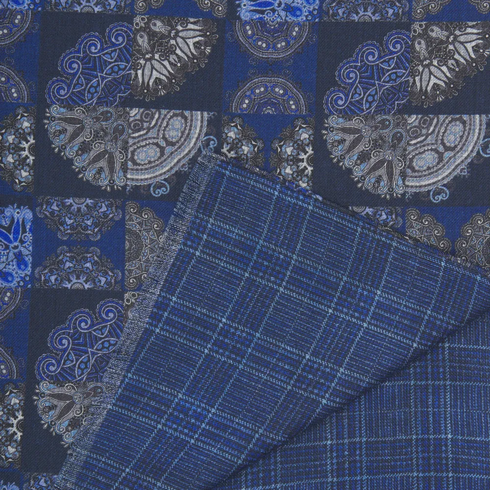 Blue Medallion Patchwork and Madras Pattern Wool Scarf