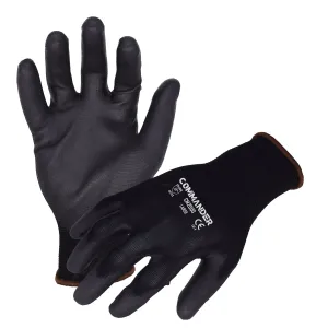 Commander(CM2000) General Purpose Work Gloves, 13-Guage Black Seamless Nylon Work Gloves w/ Black Polyurethane Palm/Finger Coating, Medium, Case of 12 Pairs