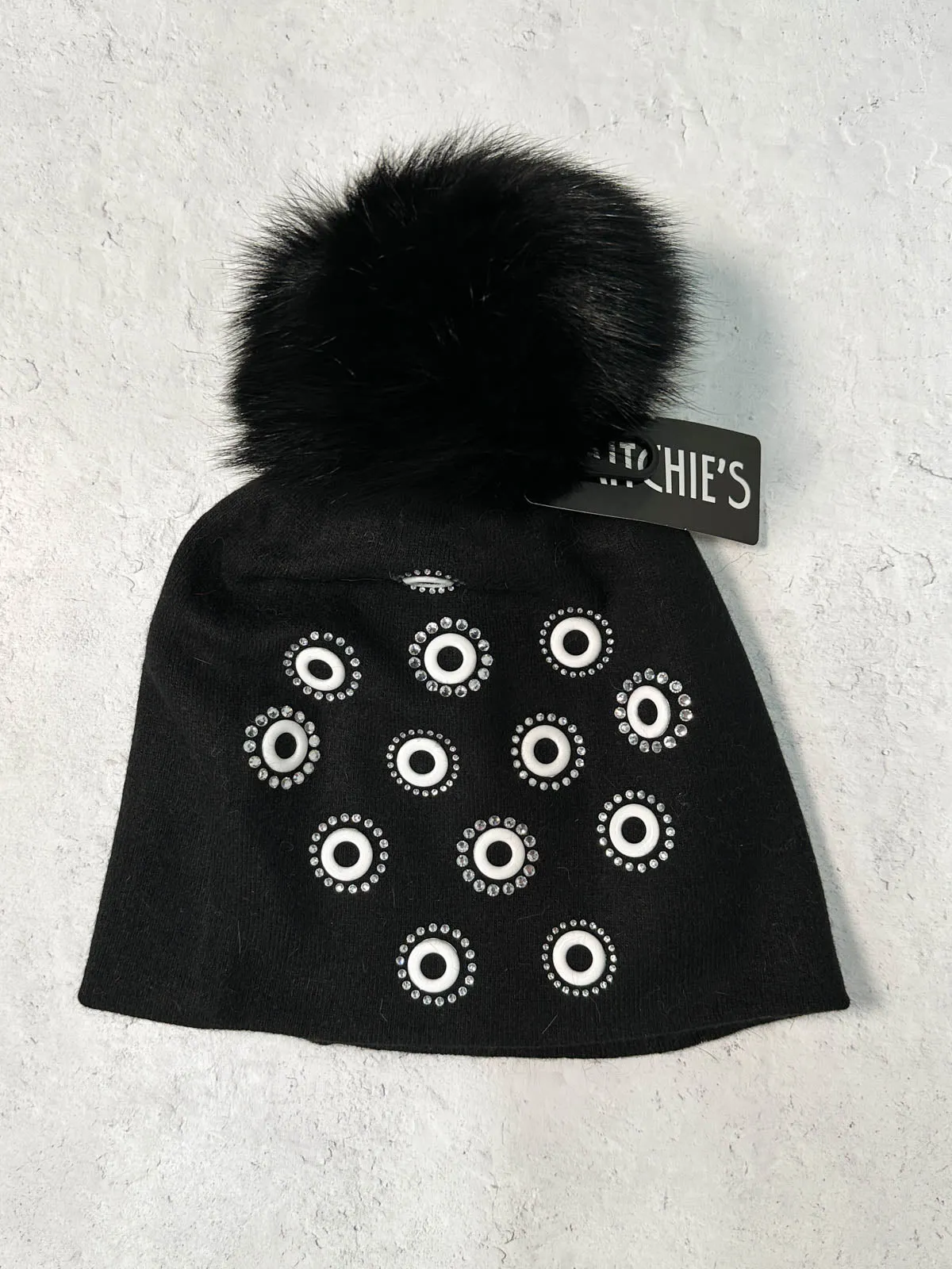 Crystal Circles Fur Pom Pom Beanie Hat, Black