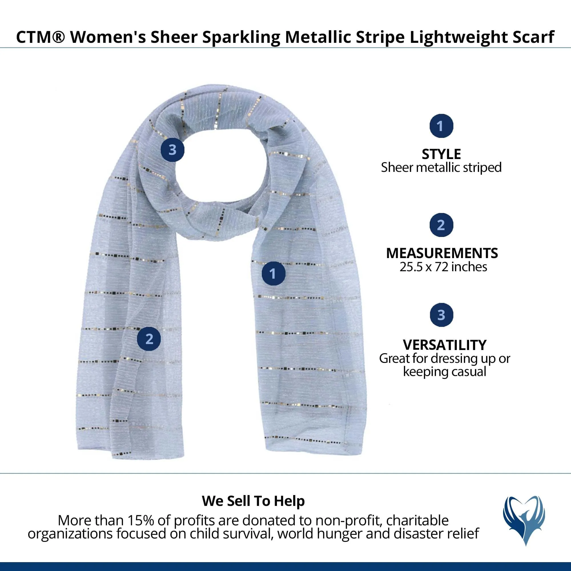 CTM® Women's Sheer Sparkling Metallic Stripe Lightweight Scarf