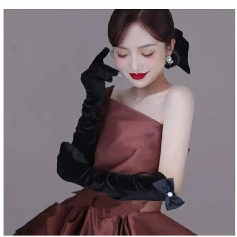 French Retro Hepburn High-end Long Black Gloves