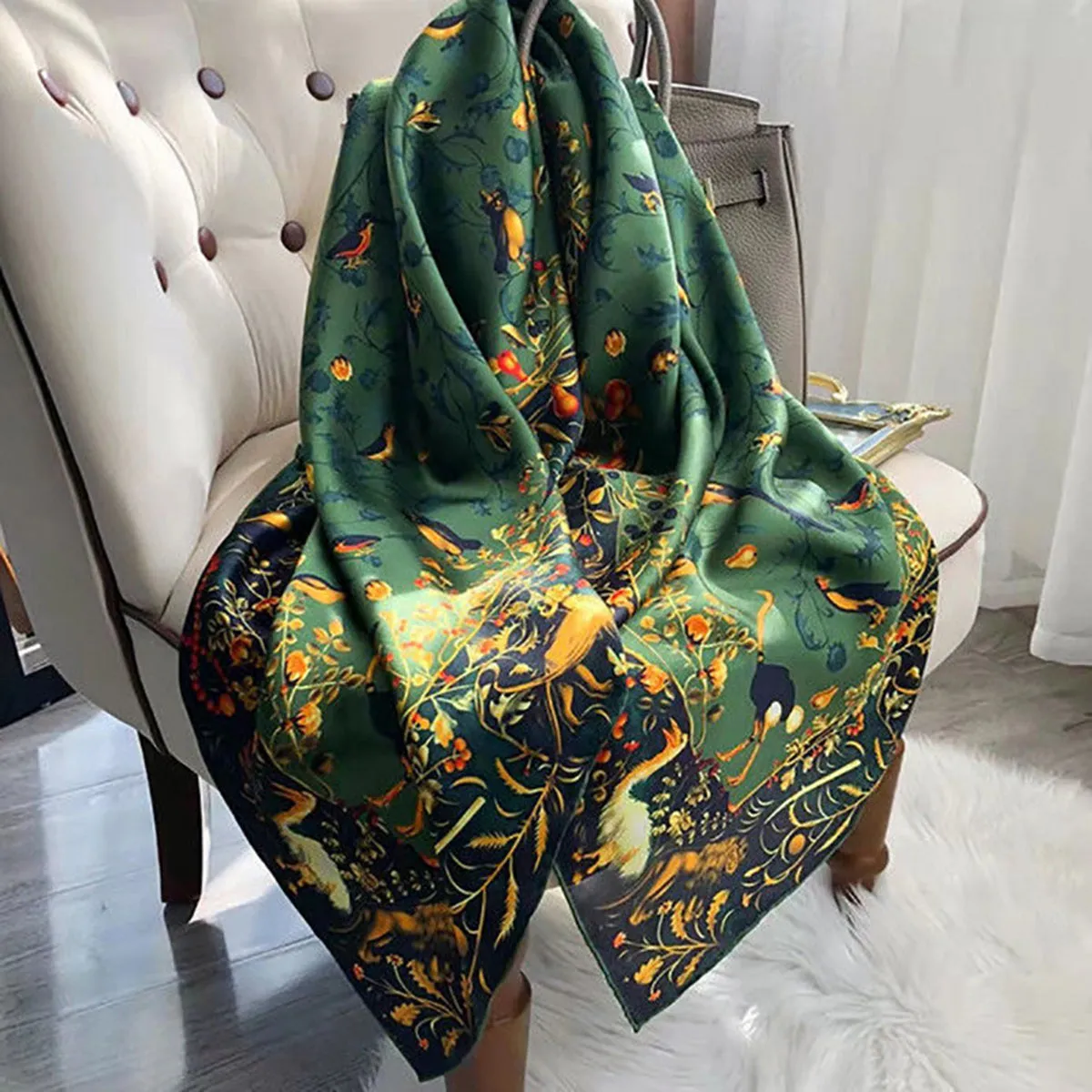 Green Satin Bird Song Floral Art Print Neck Scarf