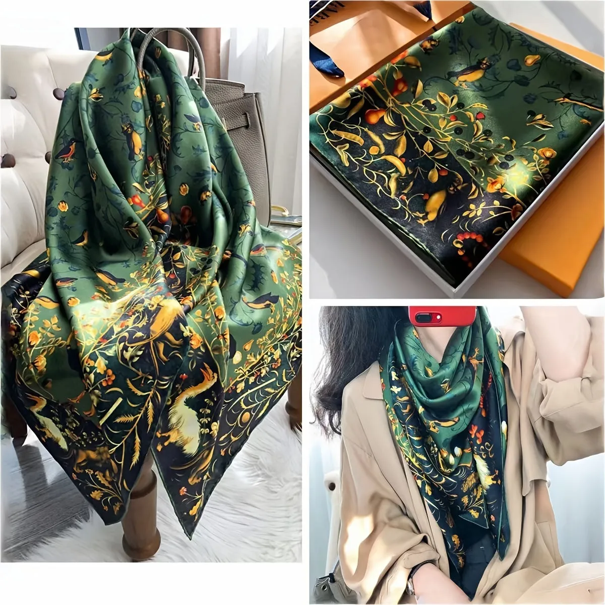 Green Satin Bird Song Floral Art Print Neck Scarf