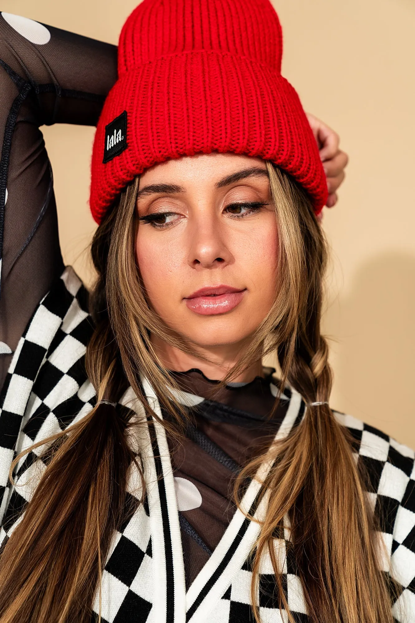 Grunge Chic Label Beanie in Cherry Red