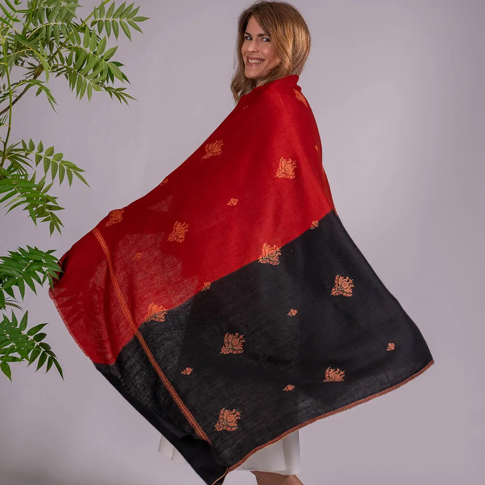 Hand Embroidered Pashmina Cashmere Shawl - Black and Burnt Orange