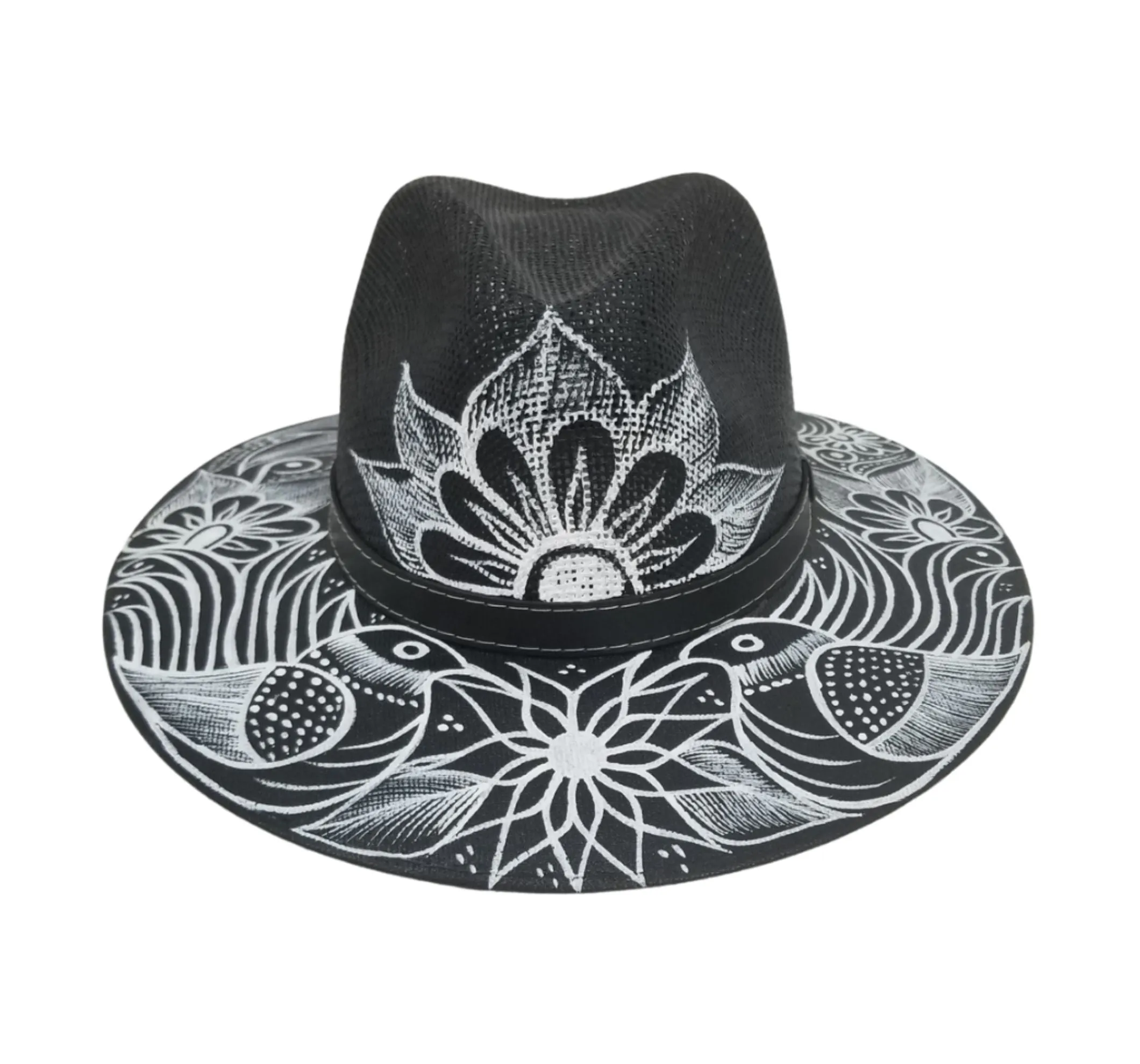 Hand-painted Hat from Mexico - Birds - Black, White