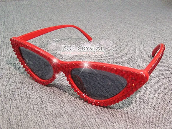 HOLLYWOOD Fashion Cat Eye Sunglasses / Shades / Sunnies w Red Bling Sparkly Bedazzled Rhinestones Festival Rockabilly Retro Pin Up