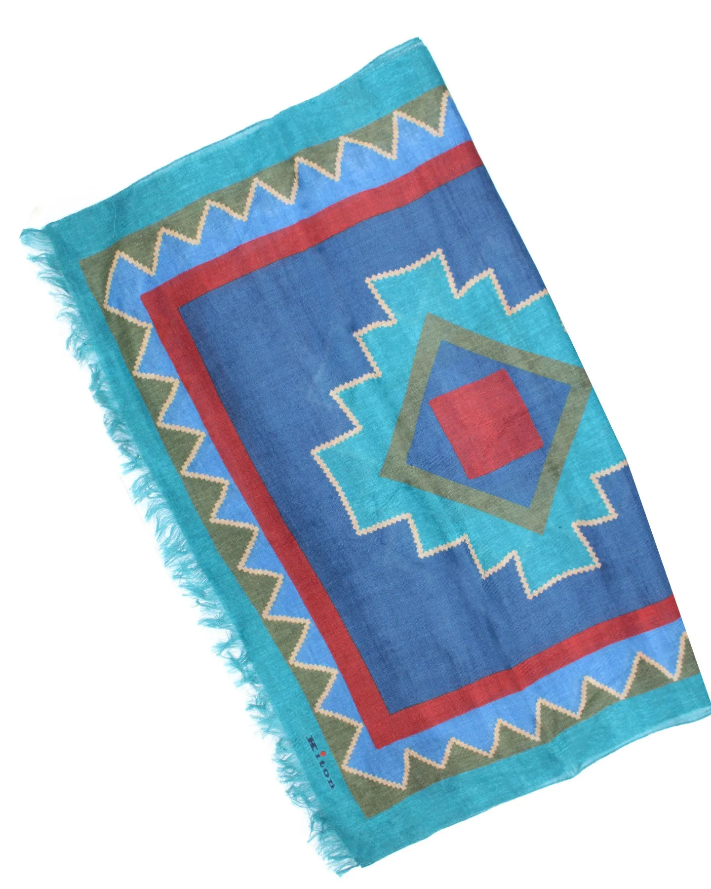 Kiton Scarf Blue Red Green Aqua Tribal Design Imperfect - Cashmere Men Shawl FINAL SALE