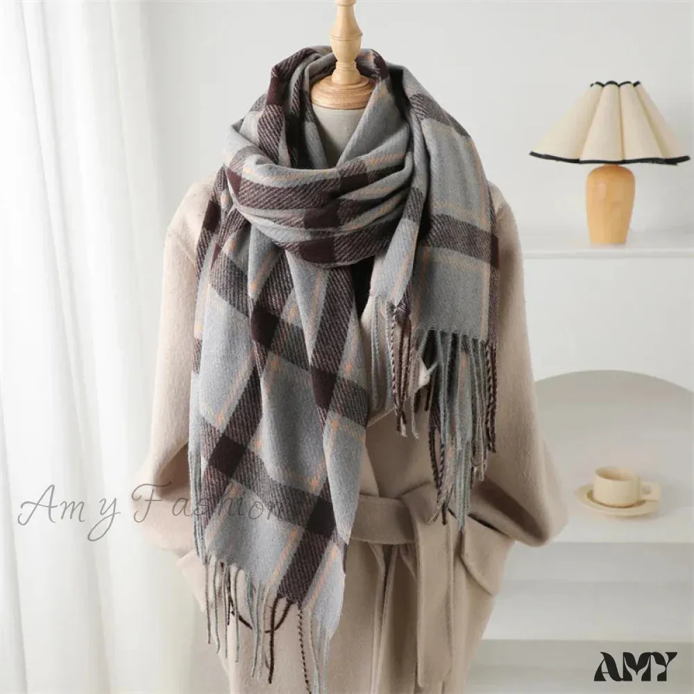 Korean Style Thick Warm Shawl Wrap Plaid Cashmere Blanket Scarf