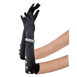 Long Black Satin Gloves with Rhinestone Bracelet for Adults