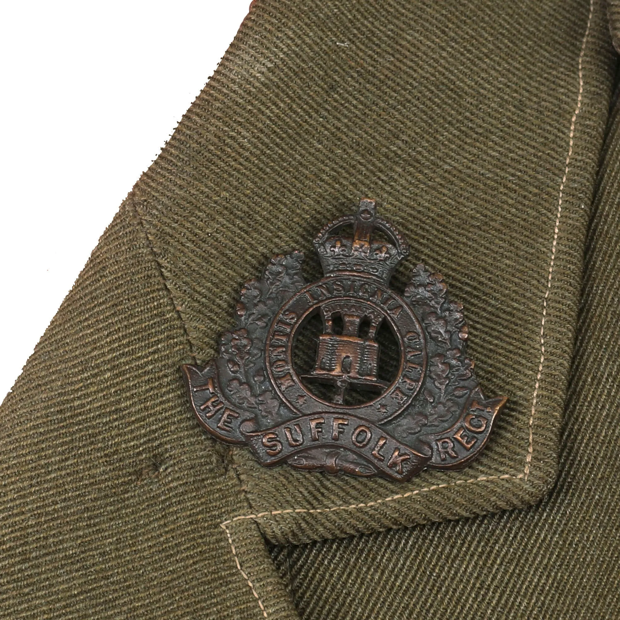 Original British WWI Named 8th Suffolk Regiment Major’s Uniform with Tactical Flashes, Brodie Helmet, Sam Brown Belt Rig & Gaiters