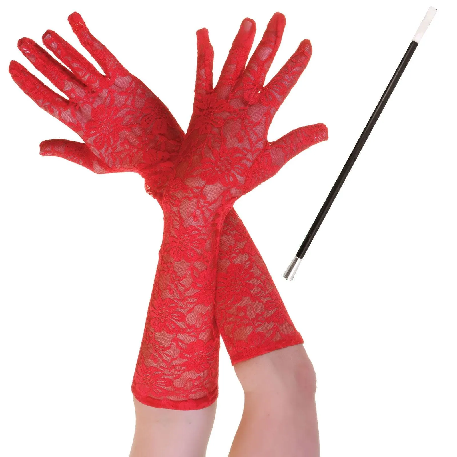 Red Lace Long Gloves with Cigarette Holder - Evil Lady Halloween Cosplay Book Week Dress Up Set