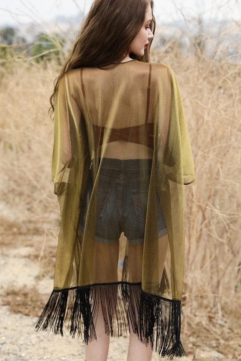 Sheer Metallic Tassel Kimono