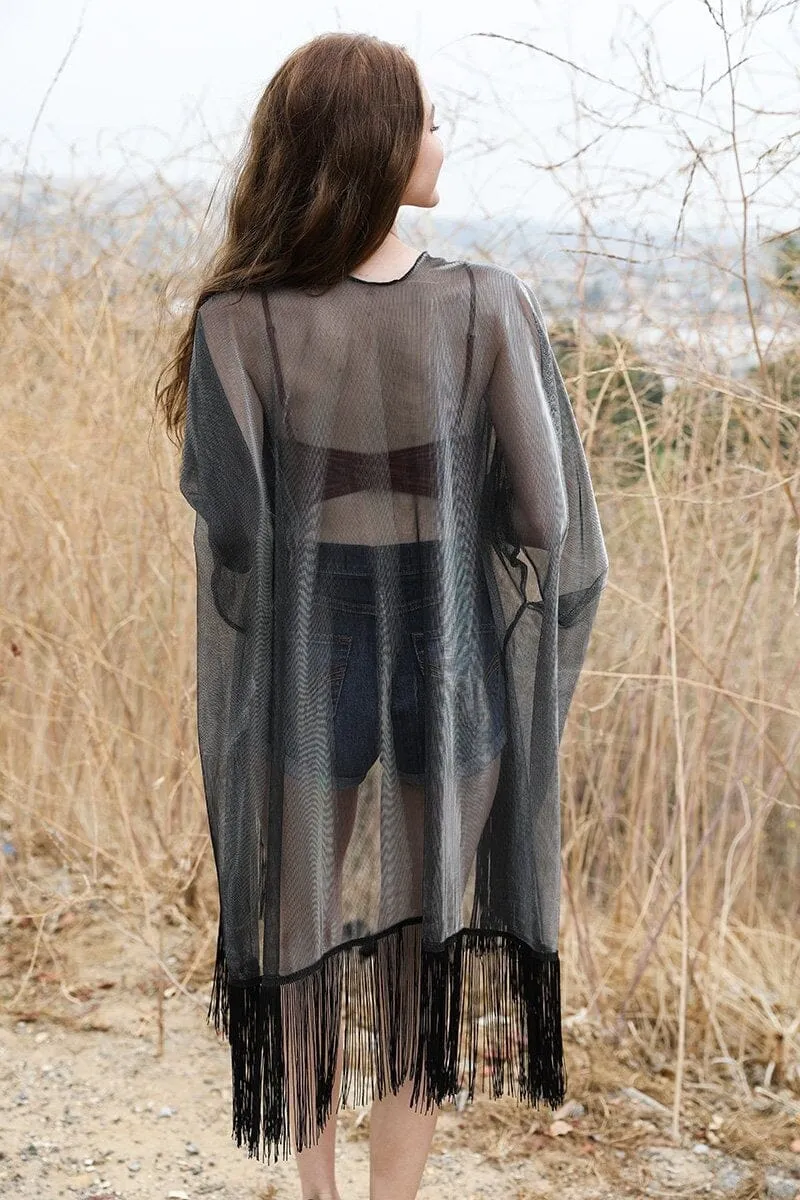 Sheer Metallic Tassel Kimono