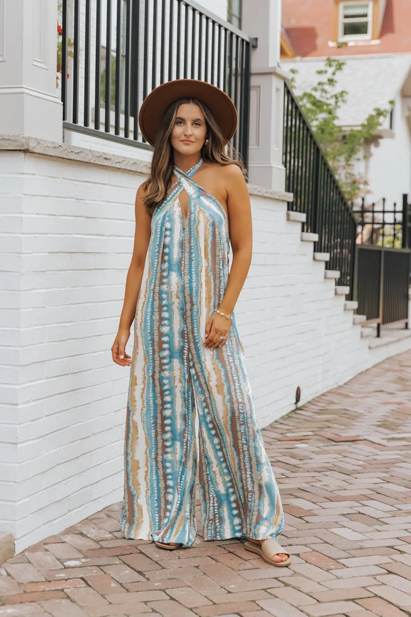 Teal Print Cross Front Halter Jumpsuit - FINAL SALE