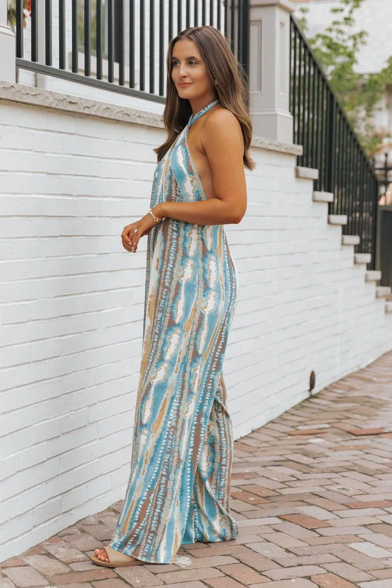 Teal Print Cross Front Halter Jumpsuit - FINAL SALE