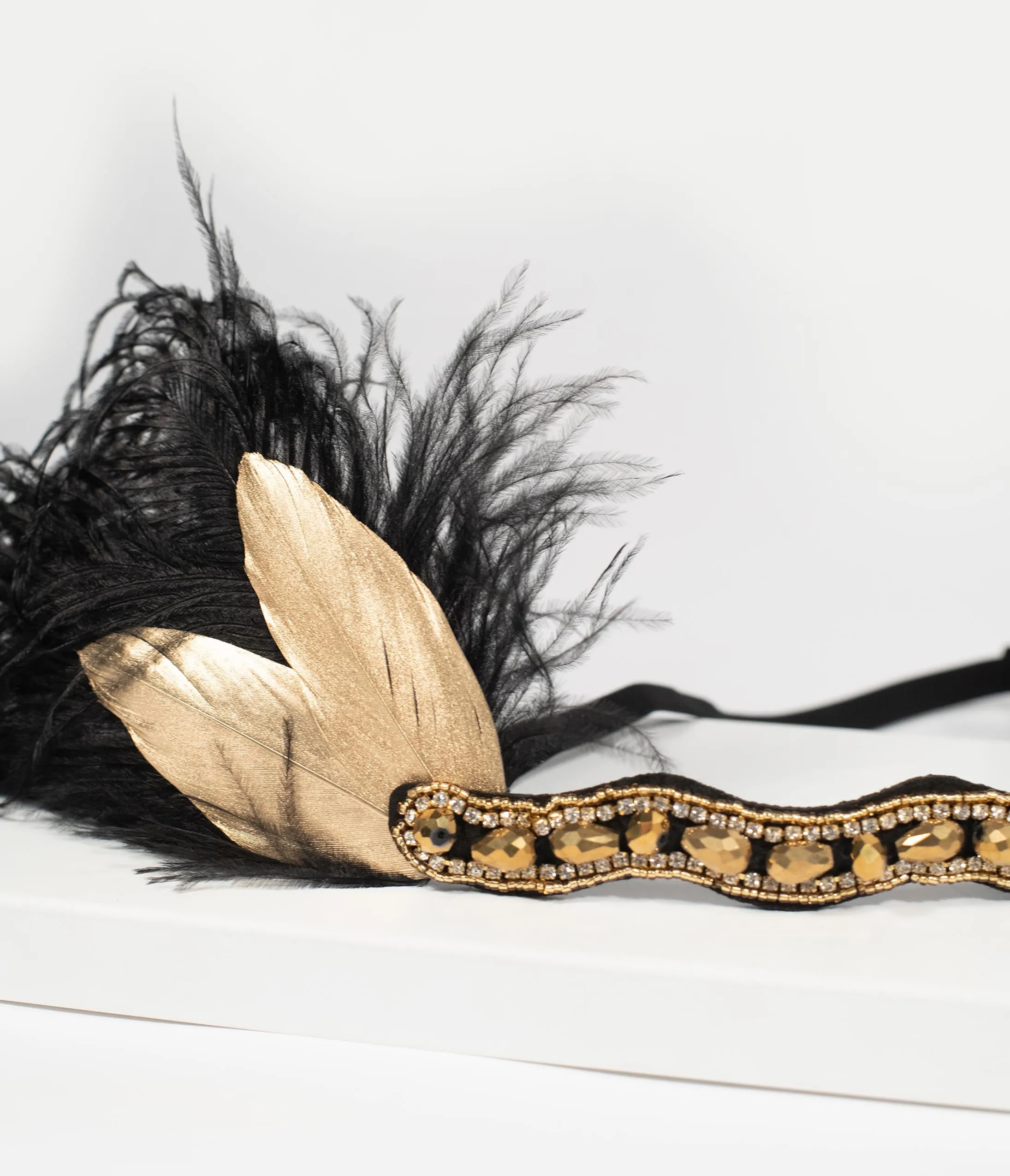 Unique Vintage 1920s Black & Gold Feather Flapper Headband