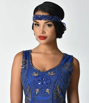 Unique Vintage 1920s Royal Blue Beaded Ribbon Flapper Headband