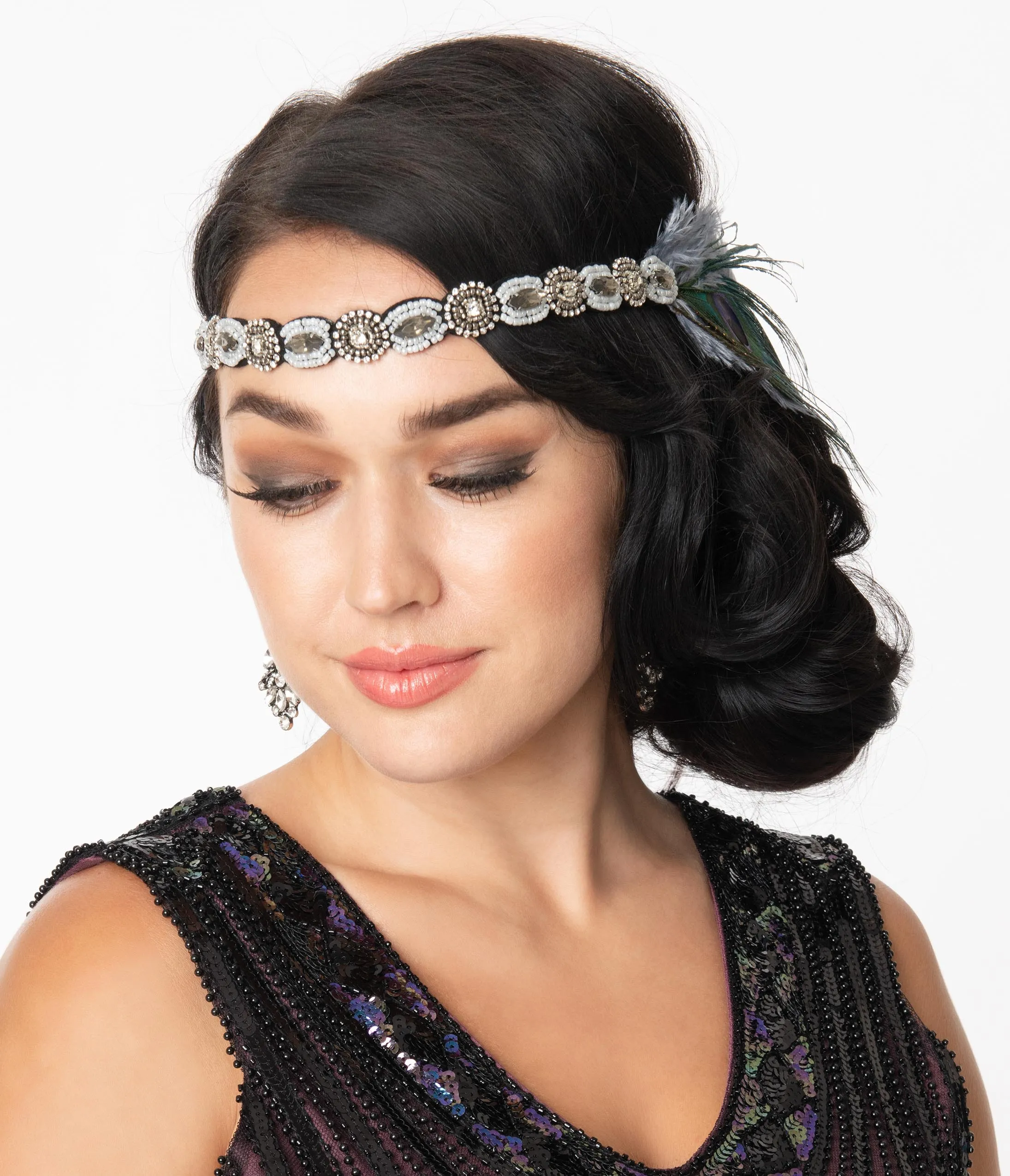 Unique Vintage Peacock & Dusty Blue Feather Beaded Flapper Headband