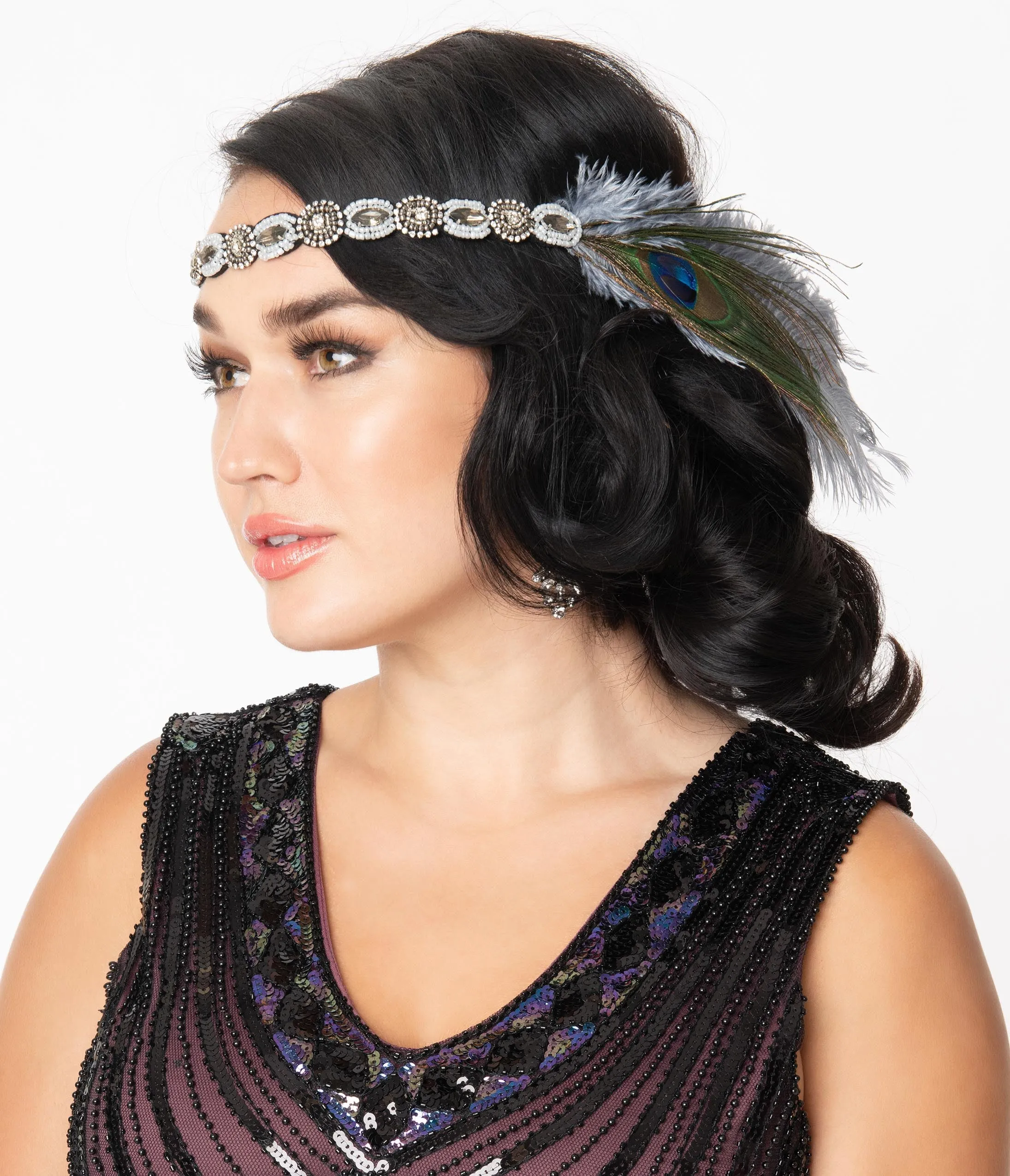 Unique Vintage Peacock & Dusty Blue Feather Beaded Flapper Headband