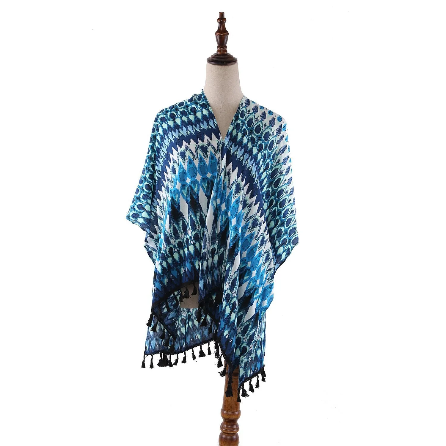 Women's Sheer Kimono Cardigan Cape Turquoise Theme Peacock Feather Print CAR013