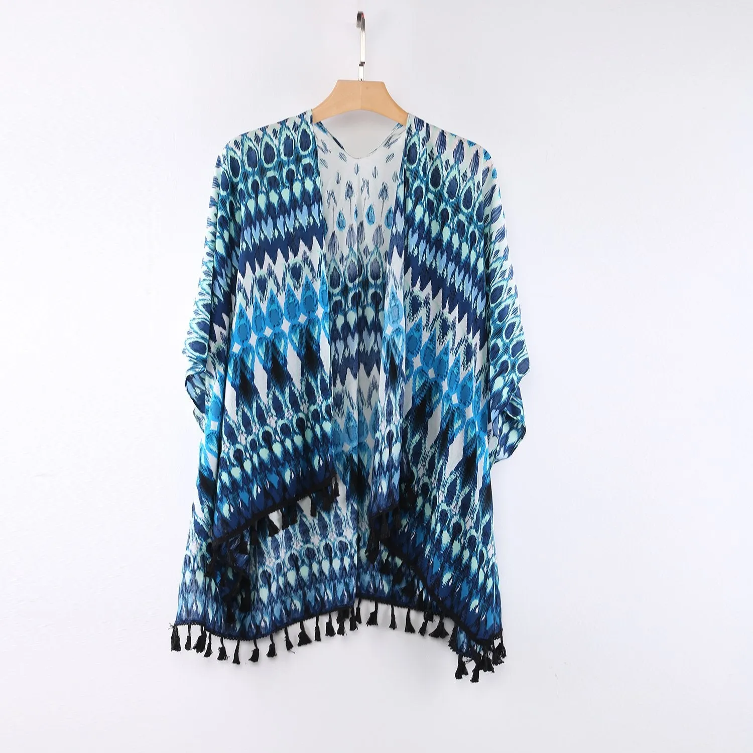 Women's Sheer Kimono Cardigan Cape Turquoise Theme Peacock Feather Print CAR013